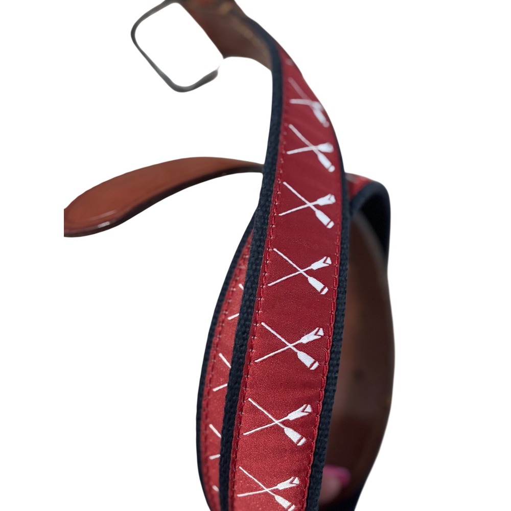 J Crew Mens Navy Red Oars Rowing Web Belt Brown Leather Size 32 Preppy Nautical - Picture 4 of 4